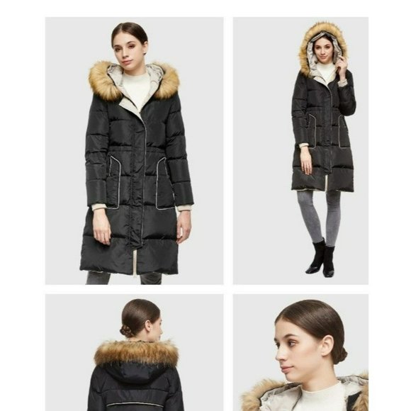 Women's Long Jacket with fur trim and adjustable waist string size M